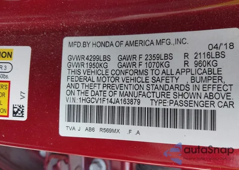 2018 Honda Accord Lx from USA, damaged, VIN 1HGCV1F14JA163879